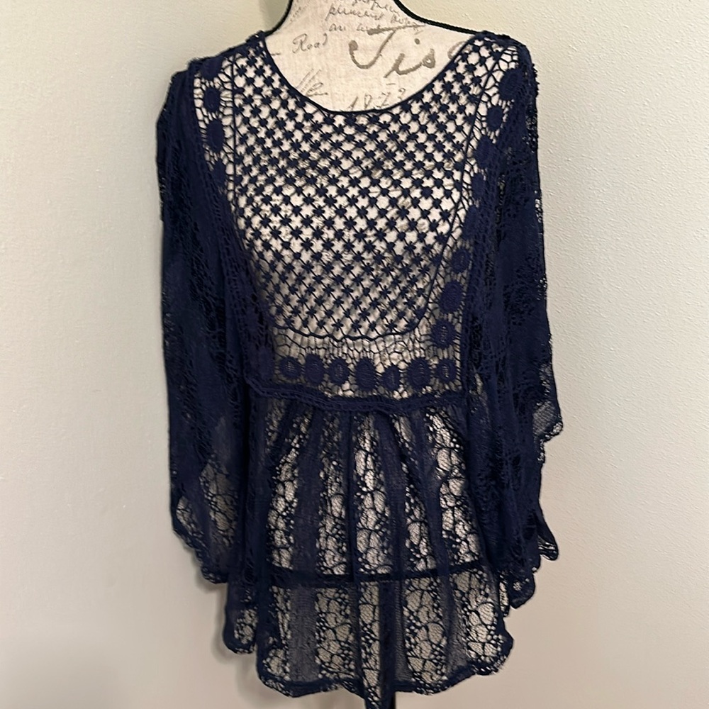New York And Company Boho Blouse Navy Large NWOT